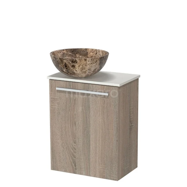 Wooden bathroom cabinet with marble-look wash basin, compact design and a modern appearance for stylish bathroom decor.