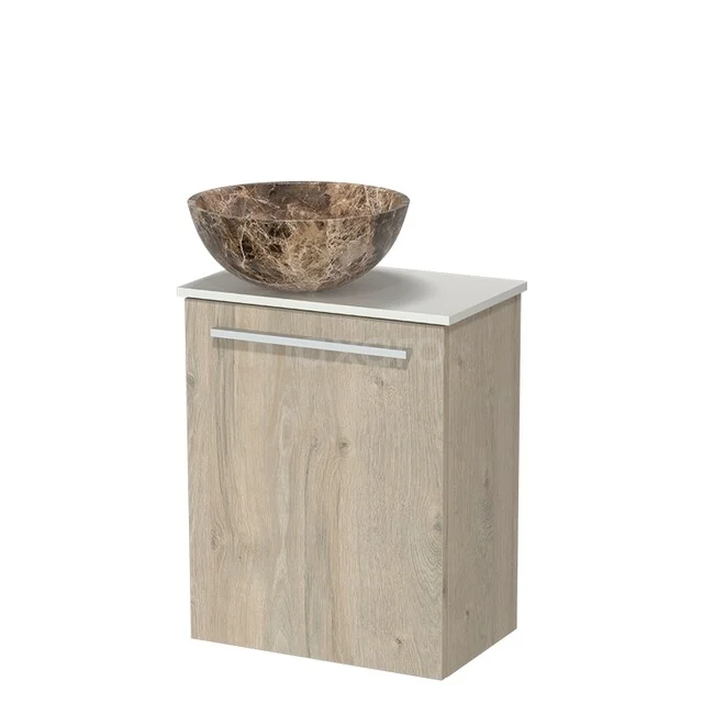 Wooden bathroom furniture with marble wash basin, oak look, compact design, ideal for stylish and practical bathroom storage.