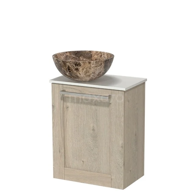 Wooden bathroom cabinet with sink, natural stone look and storage compartment; an elegant addition for a modern bathroom.