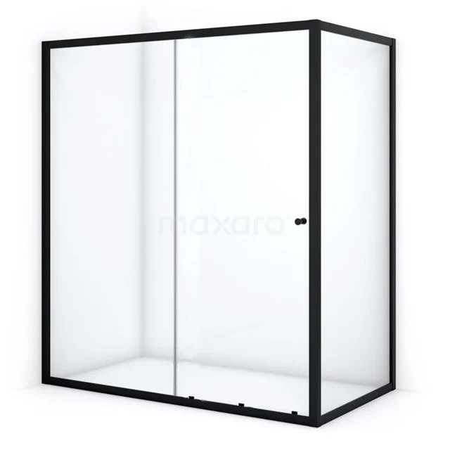 Modern black walk-in shower with clear glass and aluminium frame; stylish shower solution for any bathroom.