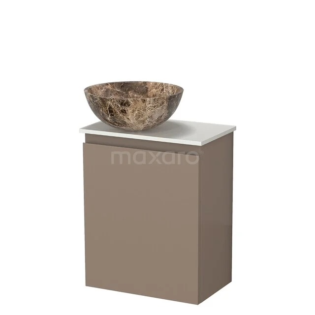 Beige bathroom furniture with marble wash basin, elegant design and compact storage space, ideal for a modern bathroom style.
