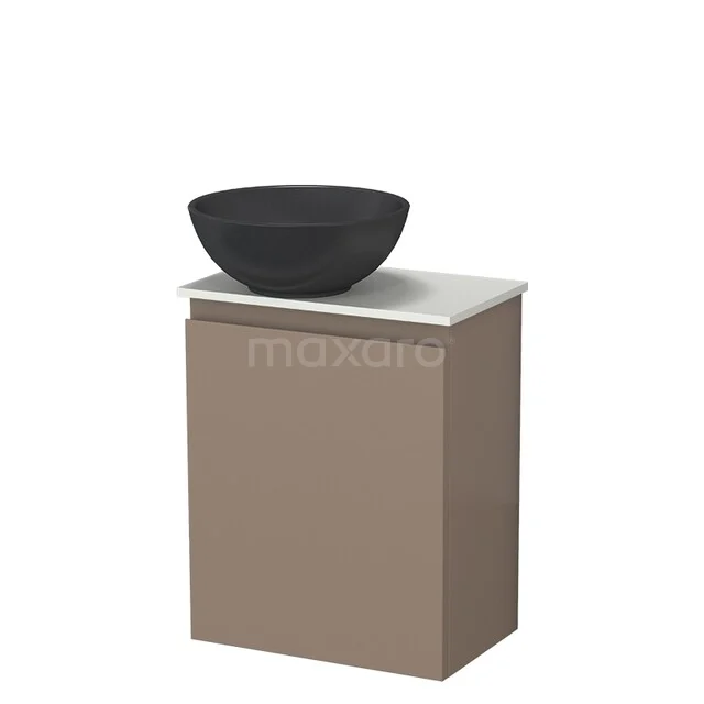 Brown bathroom cabinet with black ceramic washbasin and white top plate, part of a modern bathroom furniture collection.