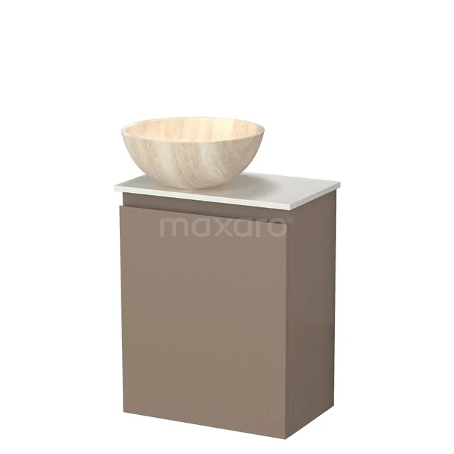 Brown bathroom cabinet with white sink and beige wooden wash basin, modern design made from sustainable materials.