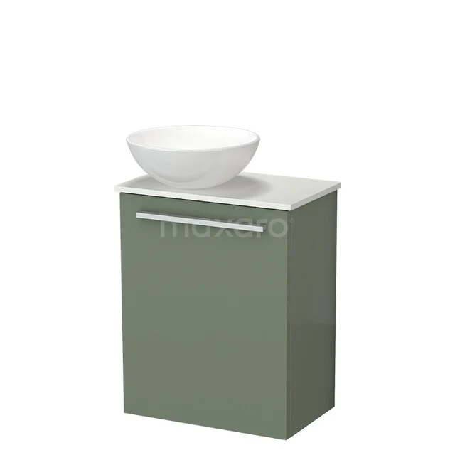 Modulo Pico WC-Möbel mit Aufsatzwaschbecken | 41 cm Salbeigrün Glatte Front Keramik-Aufsatzwaschbecken Solid Surface Waschtischplatte TMK10-18747 Grünes Badmöbel mit weißem Aufsatzwaschbecken, minimalistisches Design, geeignet für moderne Bäder.
