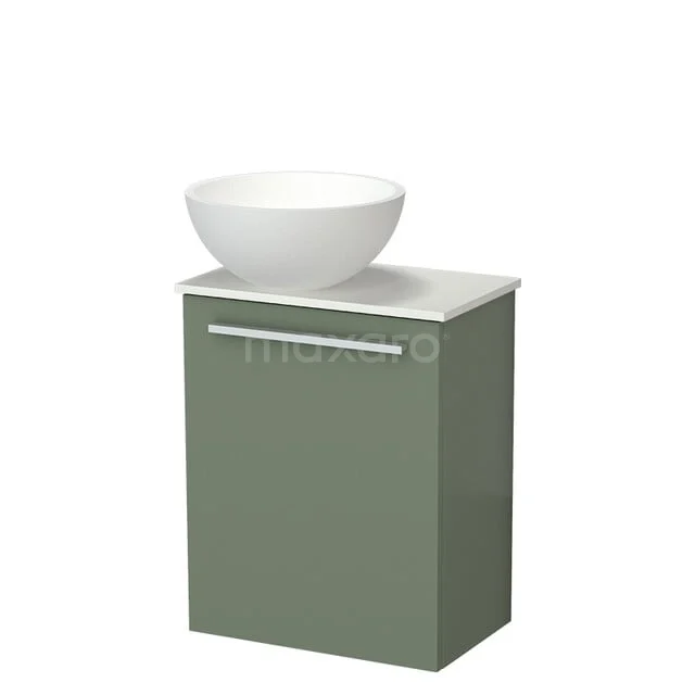 Modulo Pico WC-Möbel mit Aufsatzwaschbecken | 41 cm Salbeigrün Glatte Front Aufsatzwaschbecken Solid Surface Waschtischplatte TMK10-18752 Grünes Badezimmermöbel mit matt weißer Waschbecken, modernes Design, kompakte Form und praktischer Stauraum für kleine Bäder.