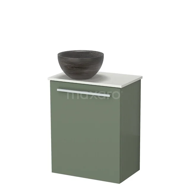 Modulo Pico Toilet Unit with Washbasin | 41 cm Sage Green Flat Front Natural Stone Washbasin Solid Surface Washbasin Top TMK10-18758 Green bathroom cabinet with a white top, featuring a dark brown wash basin made of wood-look material, modern design.