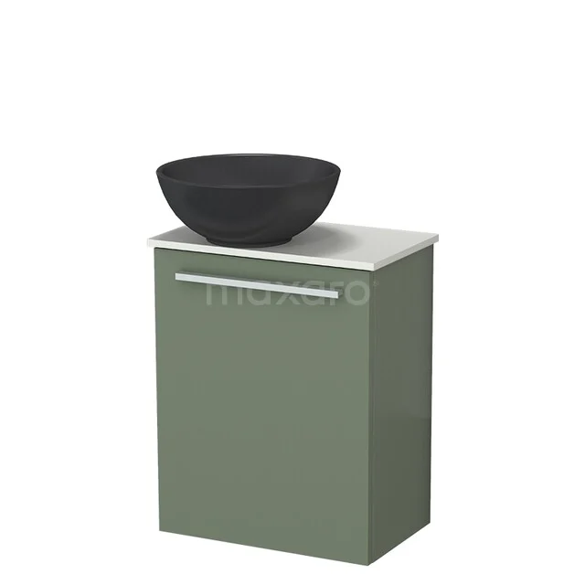 Modulo Pico Toilet furniture with Basin | 41 cm Sage green Flat front Quartz basin Solid surface washbasin top TMK10-18759 Green bathroom cabinet with white top and black sink, compact design ideal for small bathrooms.