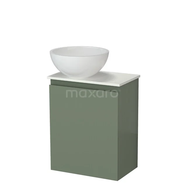 Green bathroom cabinet with sink, sleek design, matte finish and round white basin, ideal for a modern bathroom style.