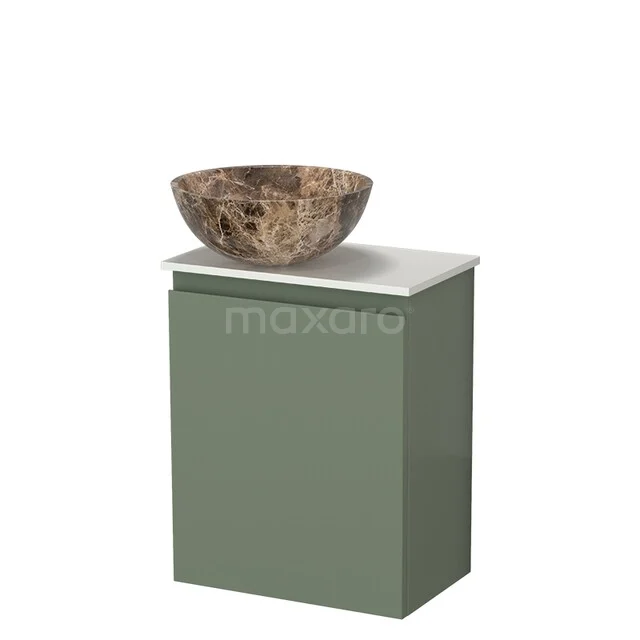 Green bathroom cabinet with white top and unique marble washbasin, stylish and compact for modern bathrooms.