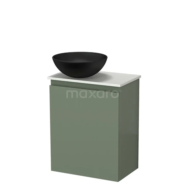 Modulo Pico Toilet Furniture with Basin | 41 cm Sage Green Handleless Front Ceramic Basin Solid Surface Washbasin Top TMK10-18775 Green bathroom furniture with black round sink, matte finish and compact design, ideal for modern bathroom style.