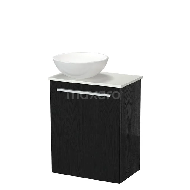 Modulo Pico WC-Möbel mit Aufsatzwaschbecken | 41 cm Schwarze Eiche Glatte Front Keramik-Aufsatzwaschbecken Solid Surface Waschtischplatte TMK10-18786 Schwarzes Badmöbel mit weißer Waschbecken, modernes Design und einem silbernen Haltegriff, ideal für kompakte Bäder.