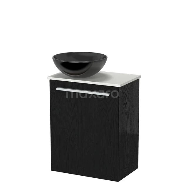 Black bathroom cabinet with white top and black wash basin, modern design made of wood material suitable for compact bathrooms.
