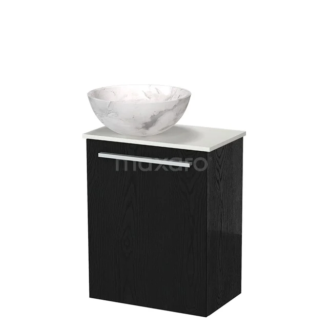 Modulo Pico WC-Möbel mit Aufsatzwaschbecken | 41 cm Schwarze Eiche Glatte Front Naturstein-Aufsatzwaschbecken Solid Surface Waschtischplatte TMK10-18793 Schwarzes Badmöbel mit glänzender Oberfläche, weißes Waschbecken aus Keramik und schlankem Design, ideal für moderne Bäder.