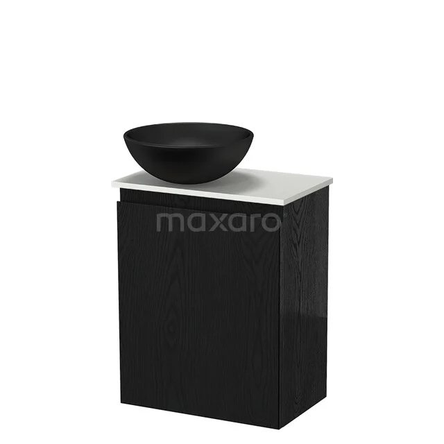 Black bathroom furniture with a marble top and round black wash basin, modern design and suitable for compact bathrooms.