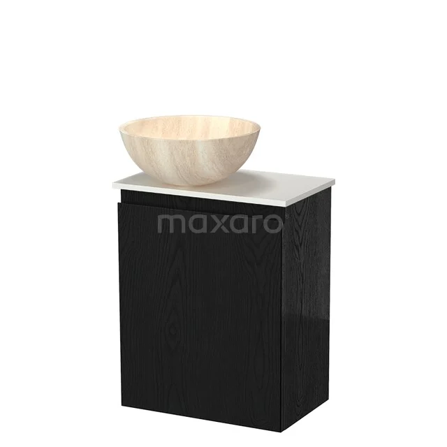 Black bathroom cabinet with white top and wooden wash basin, modern design, perfect for stylish bathroom decor.