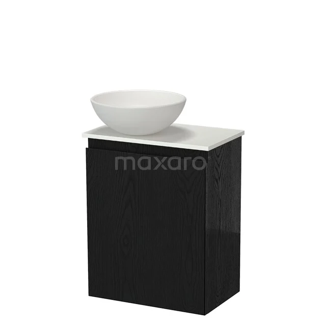 Schwarzer Badschrank mit weißer Marmorplatte und rundem Waschbecken, ideal für eine moderne Badezimmer Einrichtung.