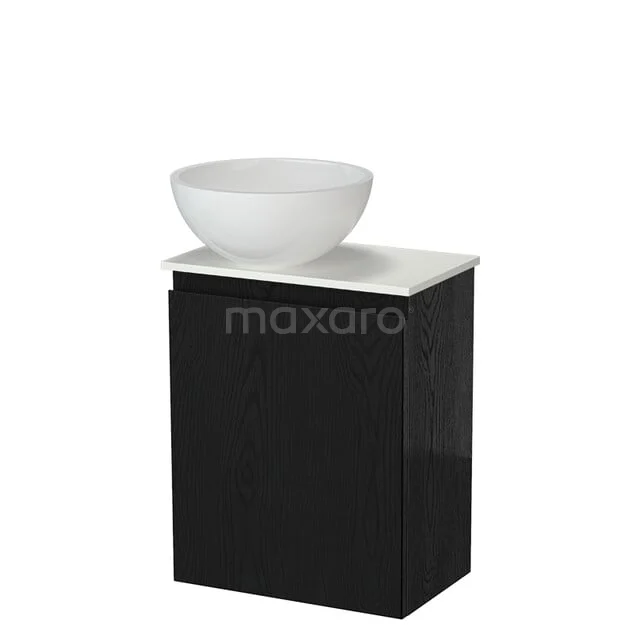 Modulo Pico WC-Möbel mit Aufsatzwaschbecken | 41 cm Schwarz Eiche Grifflose Front Mineralguss Aufsatzwaschbecken Solid Surface Waschtischplatte TMK10-18816 Schwarzer Badschrank mit weißer Platte und rundem Aufsatzwaschbecken aus Keramik, modernes Design für ein stilvolles Badezimmer.