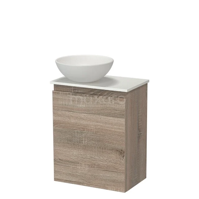Wooden bathroom furniture with sink, oak look, compact design, suitable for modern bathrooms.