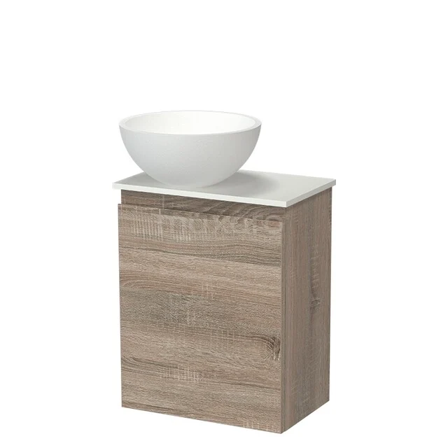Wooden bathroom furniture with white washbasin, compact design, ideal for modern bathrooms.