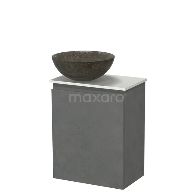 Modulo Pico WC-Möbel mit Aufsatzwaschbecken | 41 cm Dunkelgrauer Beton Grifflose Front Aufsatzwaschbecken aus Naturstein Solid Surface TMK10-18847 Grauer Badschrank mit weißem Waschbecken und Natursteine Aufsatzwaschbecken, modernes Design, ideal für eine stilvolle Badezimmergestaltung.