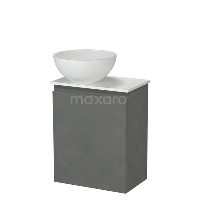 Grey bathroom furniture set with round white wash basin, modern design, made of high-quality material for a stylish bathroom.