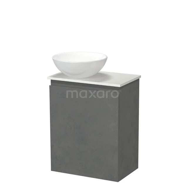 Modulo Pico WC-Möbel mit Aufsatzwaschbecken | 41 cm Dunkelgrauer Beton Grifflose Front Keramik-Aufsatzwaschbecken Solid Surface Waschtischplatte TMK10-18850 Grauer Badschrank mit weißer Waschbecken, Betonlook-Oberfläche. Kompaktes Design, ideal für moderne Bäder.