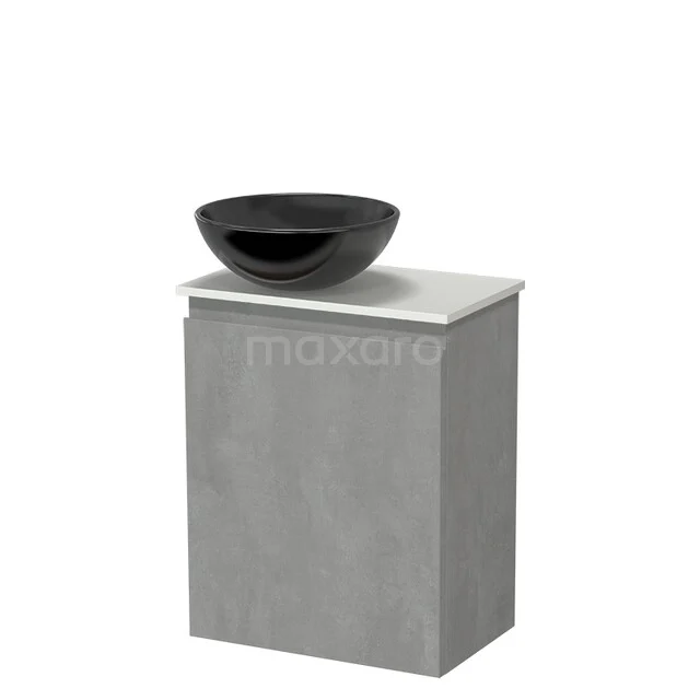 Grey stone bathroom furniture with white washbasin top and black round basin, modern design for compact bathrooms.
