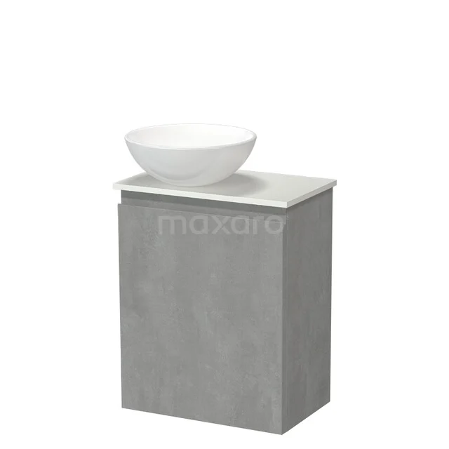 Grey bathroom furniture set with a concrete look, including a white wash basin and compact design made of high-quality materials.