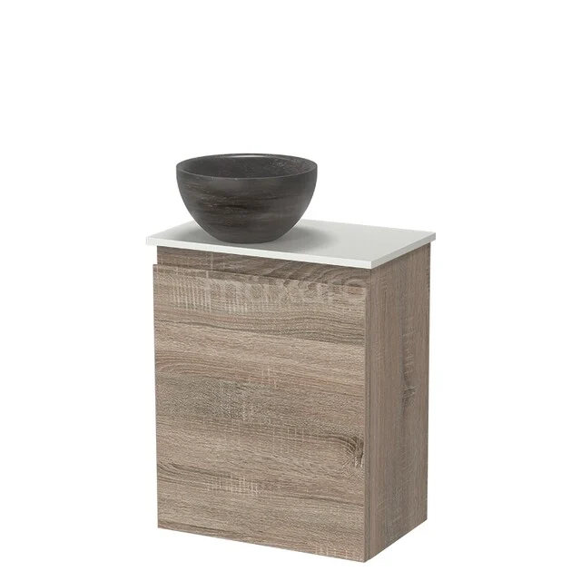 Modulo Pico WC-Möbel mit Aufsatzwaschbecken | 41 cm Eiche grifflose Front Naturstein-Aufsatzwaschbecken Solid Surface Waschtischplatte TMK10-18868 Hölzerner Badschrank mit Waschbecken, dunkelbrauner runder Aufsatzwaschbecken, weiße Platte, kompaktes Design, ideal für moderne Bäder.