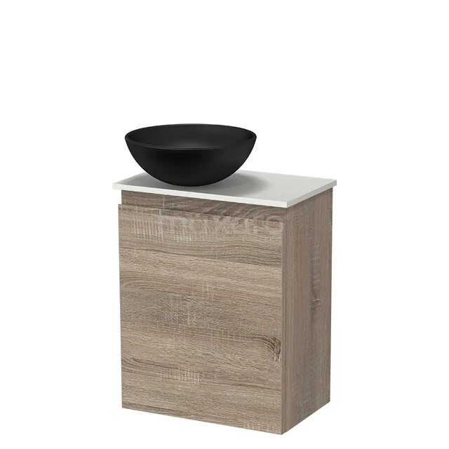 Wooden bathroom furniture with a natural look, black countertop wash basin and white top; stylish compact design for small bathrooms.