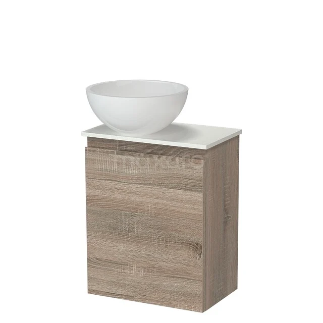 Wooden bathroom furniture with sink, modern design, warm oak look, ideal for compact bathrooms.