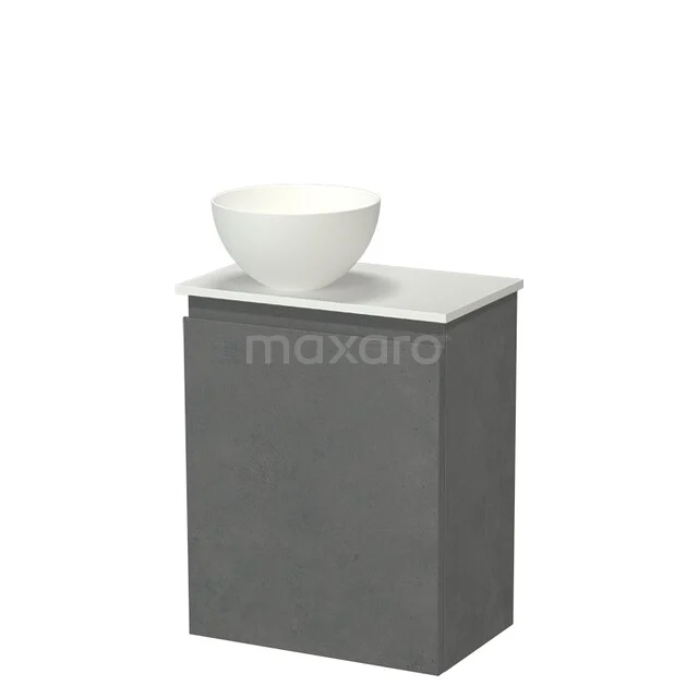 Grey bathroom cabinet with a matte surface, white washbasin bowl and sleek design for a modern bathroom.