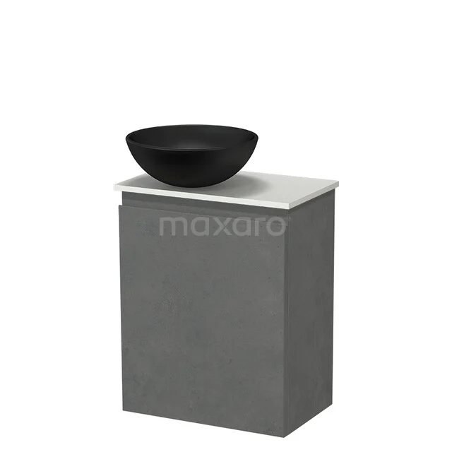 Grey bathroom cabinet with white sink and matte black basin, modern design, ideal for a stylish bathroom decor.