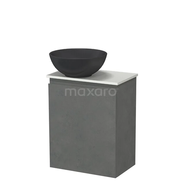 Dark grey bathroom cabinet with white top and black round wash basin, modern design for a stylish bathroom.