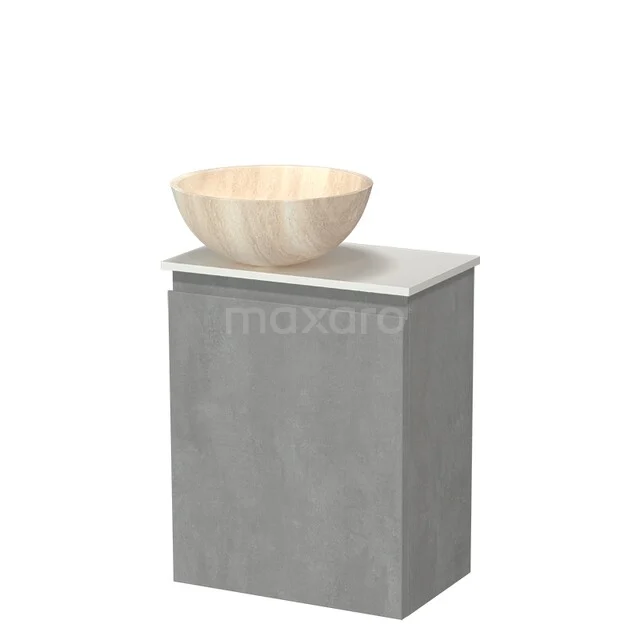 Grey bathroom cabinet with wooden washbasin, modern design made of concrete-look material for a stylish bathroom decor.
