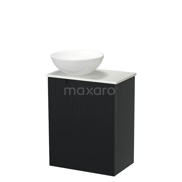 Schwarz Badmöbel mit weißem Aufsatzwaschbecken, schlichtes Design und kompakte Form, perfekt für ein modernes Badezimmer.