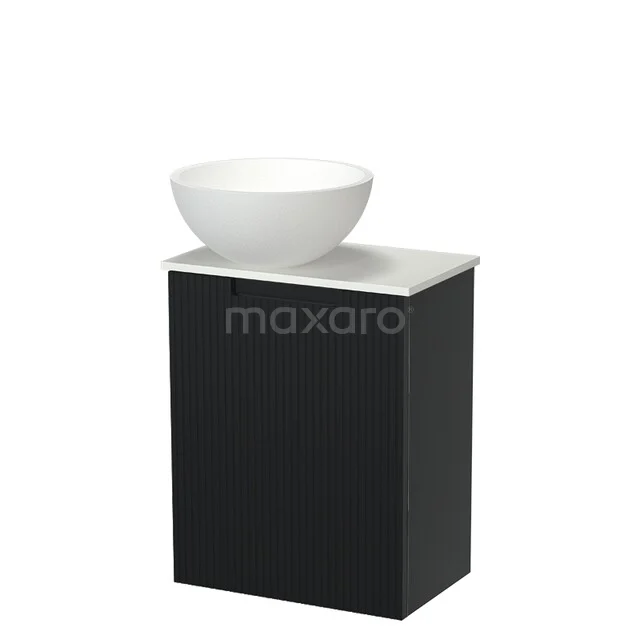 Black bathroom cabinet with white wash basin, compact design, ideal for modern bathrooms.