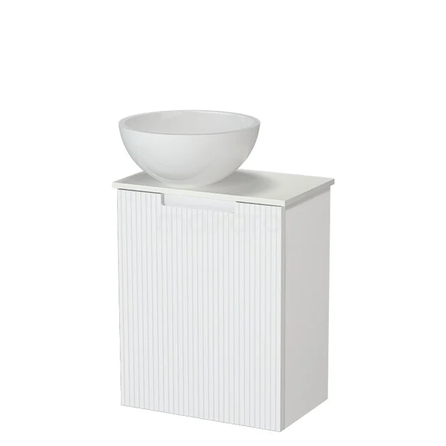 White bathroom furniture with round wash basin, minimalist design, compact size and suitable for modern bathrooms.