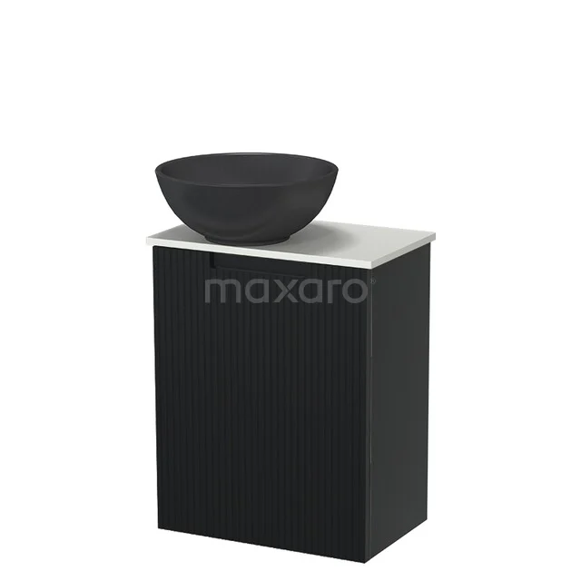 Black bathroom cabinet with glass wash basin in anthracite on white top, modern design ideal for stylish bathroom decor.