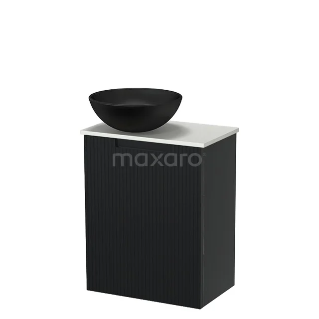 Black bathroom furniture with a matte black wash basin and white top, modern design, ideal for compact bathrooms.