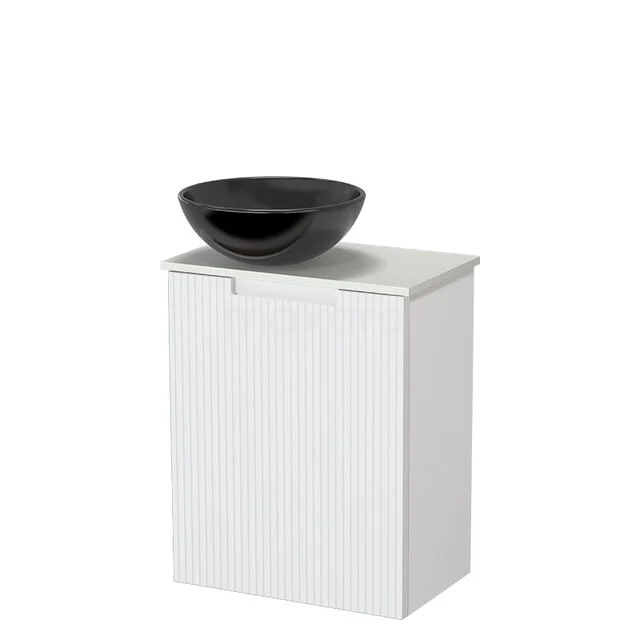 White bathroom furniture with black ceramic washbasin, sleek design, ideal for compact bathrooms.