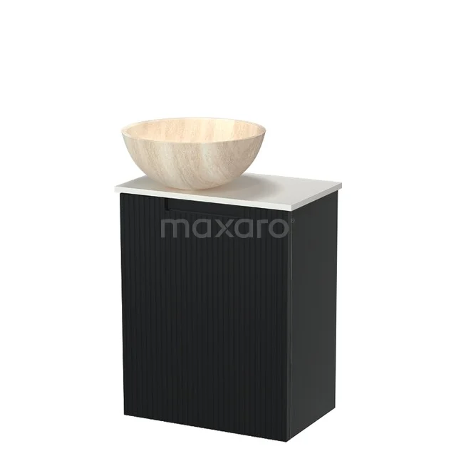 Modulo Pico WC-Möbel mit Aufsatzwaschbecken | 41 cm Matt Schwarz Line Front Aufsatzwaschbecken aus Naturstein Solid Surface Platte TMK10-18944 Schwarze Badmöbel Serie mit weißer Platte und hölzerner Waschbecken, modernes Design, ideal für stilvolle Bäder.