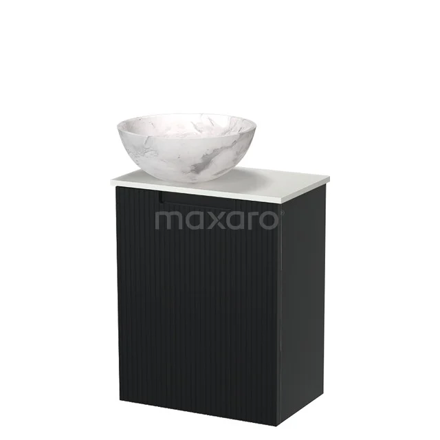 Black bathroom furniture with white marble washbasin, modern design, suitable for compact bathrooms.