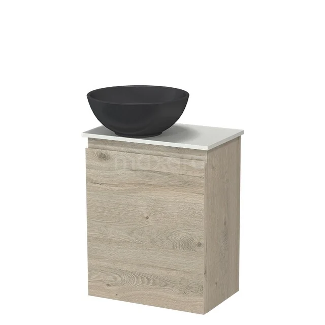 Wooden bathroom cabinet with natural stone sink, compact design. Perfect for stylish and modern bathroom decor.