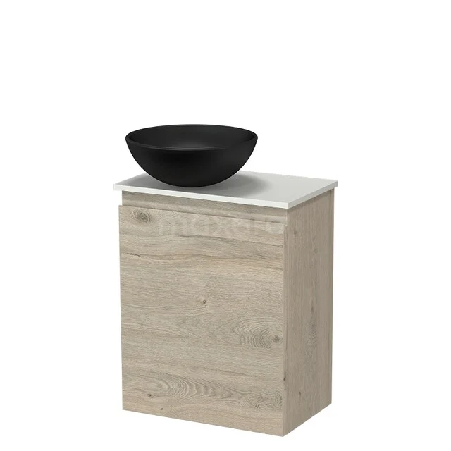 Wooden bathroom furniture with washbasin bowl, black ceramic and white top, modern design from a high-quality furniture series.
