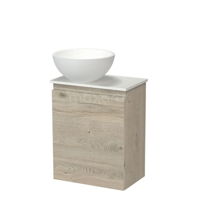 Wooden bathroom furniture with a light oak finish, white sink bowl, and minimalist design for a modern bathroom.