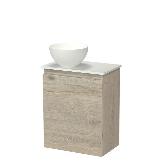 Modulo Pico WC-Möbel mit Aufsatzwaschbecken | 41 cm Hellgraue Eiche Grifflose Front Solid Surface Aufsatzwaschbecken Solid Surface Aufsatzwaschplatte TMK10-19000 Holz-Badmöbel mit weißem Aufsatzwaschbecken, kompaktes Design, Naturlook, ideal für ein stilvolles und funktionales Badezimmer.