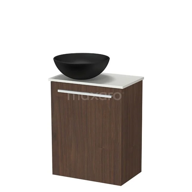 Modulo Pico WC-Möbel mit Aufsatzwaschbecken | 41 cm Nussbaum glatte Front Keramik-Aufsatzwaschbecken Solid Surface Waschtischplatte TMK10-19009 Hölzernes Waschtischmöbel mit dunkelbrauner Oberfläche, weißer Waschtischplatte und schwarzem rundem Aufsatzwaschbecken, ideal für moderne Bäder.
