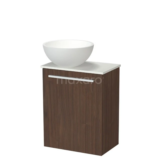 Modulo Pico Toilet furniture with Basin | 41 cm Walnut Flat front Solid surface basin Solid surface washbasin top TMK10-19012 Wood-look washbasin unit with white round bowl, modern design; ideal for stylish bathroom storage.