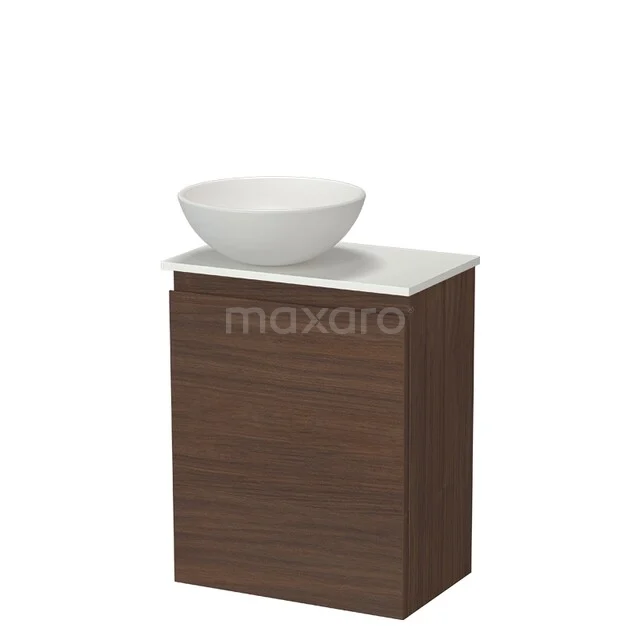 Wooden bathroom furniture in walnut colour with white ceramic washbasin, compact design ideal for modern bathrooms.